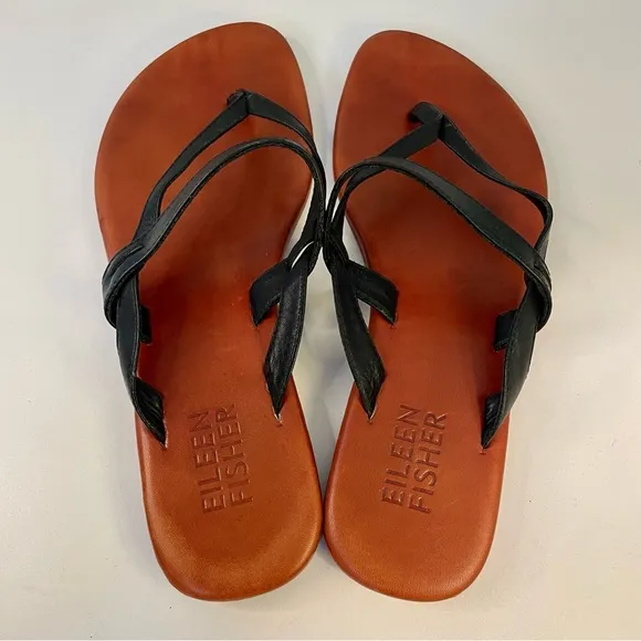 Eileen Fisher Black Tan Leather Slide Sandals Size 8
