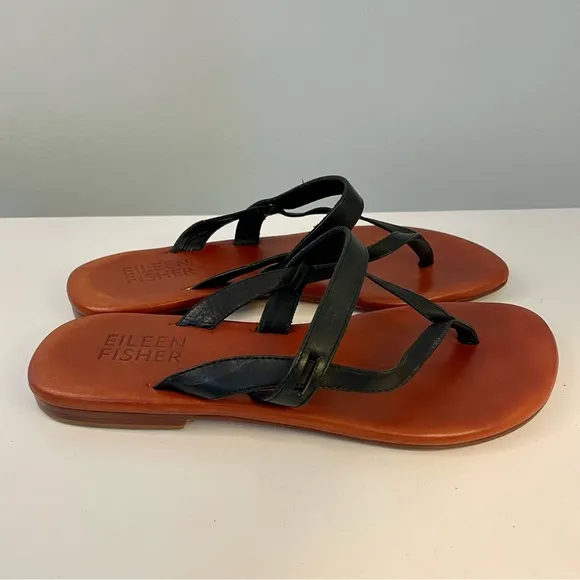 Eileen Fisher Black Tan Leather Slide Sandals Size 8