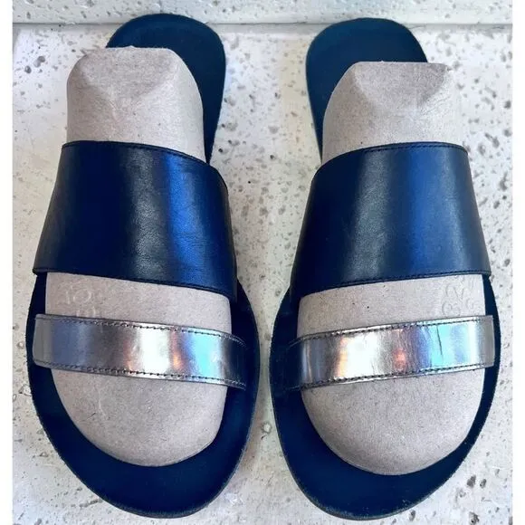 Eileen Fisher Folly Double Band Leather Slide Sandals Black Gold Slip On Sz 8