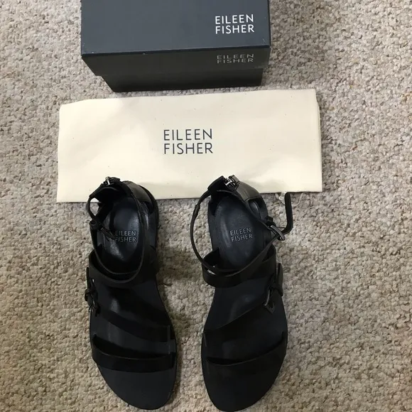 Eileen Fisher New Black leather ankle strap sandals w/ back zipper -7