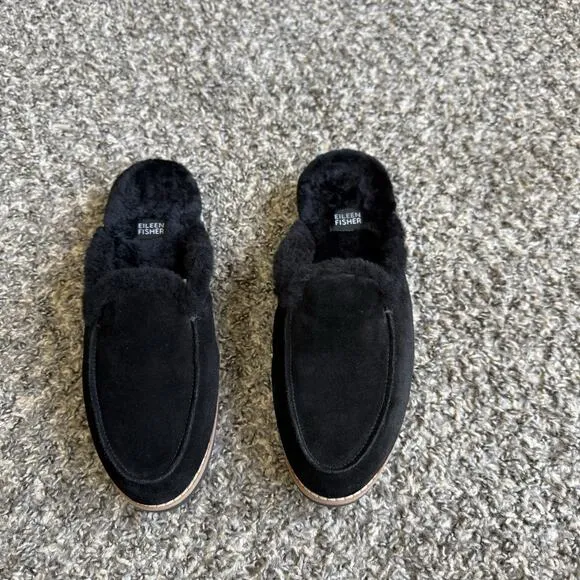 Eileen Fisher Size 8.5 Frost Suede Mule Slippers Shearling Lined Sandals Slip On