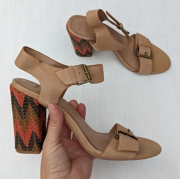 ELLA MOSS Tessa tan leather buckle strap heeled sandals Chevron heel