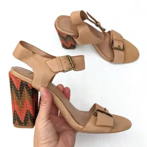 ELLA MOSS Tessa tan leather buckle strap heeled sandals Chevron heel