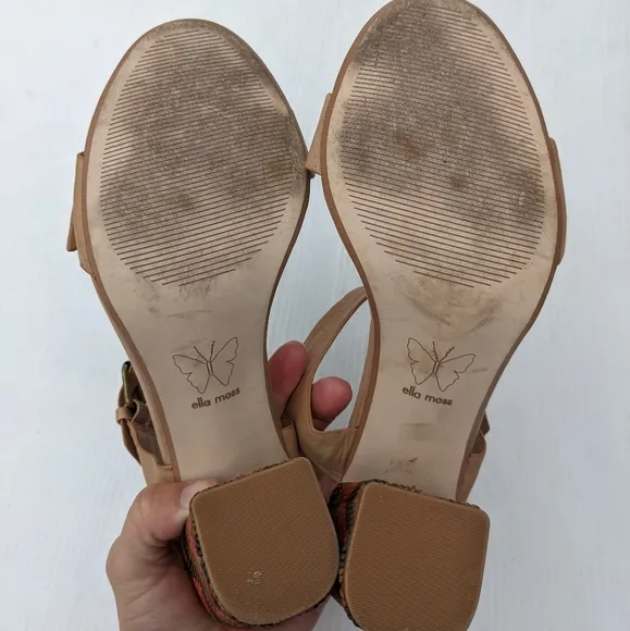 ELLA MOSS Tessa tan leather buckle strap heeled sandals Chevron heel