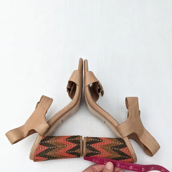 ELLA MOSS Tessa tan leather buckle strap heeled sandals Chevron heel
