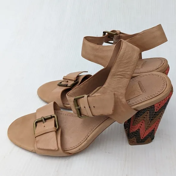ELLA MOSS Tessa tan leather buckle strap heeled sandals Chevron heel