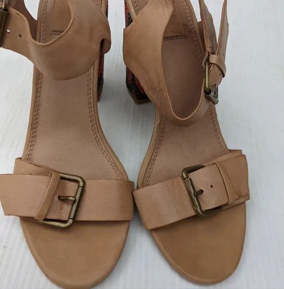 ELLA MOSS Tessa tan leather buckle strap heeled sandals Chevron heel