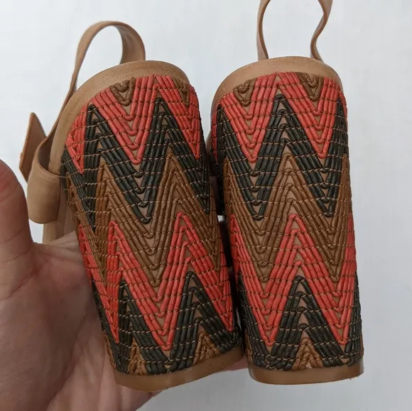 ELLA MOSS Tessa tan leather buckle strap heeled sandals Chevron heel