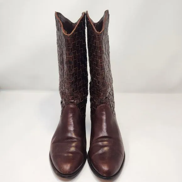 Enzo Angiolini Brown Woven Leather Western Boots Size 7.5 M Vintage Rancher Boho