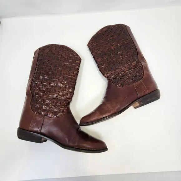 Enzo Angiolini Brown Woven Leather Western Boots Size 7.5 M Vintage Rancher Boho
