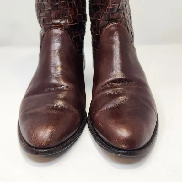 Enzo Angiolini Brown Woven Leather Western Boots Size 7.5 M Vintage Rancher Boho