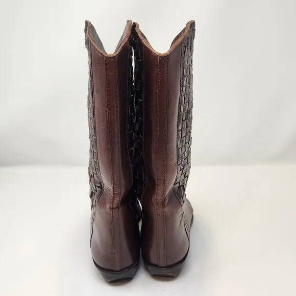 Enzo Angiolini Brown Woven Leather Western Boots Size 7.5 M Vintage Rancher Boho