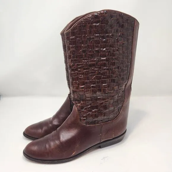 Enzo Angiolini Brown Woven Leather Western Boots Size 7.5 M Vintage Rancher Boho