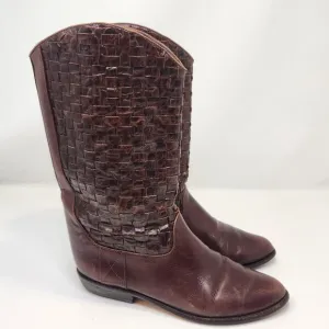 Enzo Angiolini Brown Woven Leather Western Boots Size 7.5 M Vintage Rancher Boho