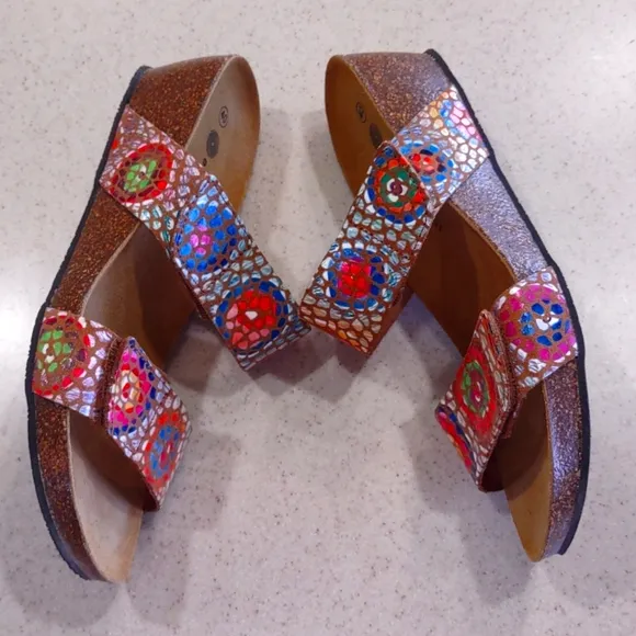 Eric Michael Liat Tan Mosaic Leather Wedge Dual Strap Slide Sandal Size 40/9 EUC