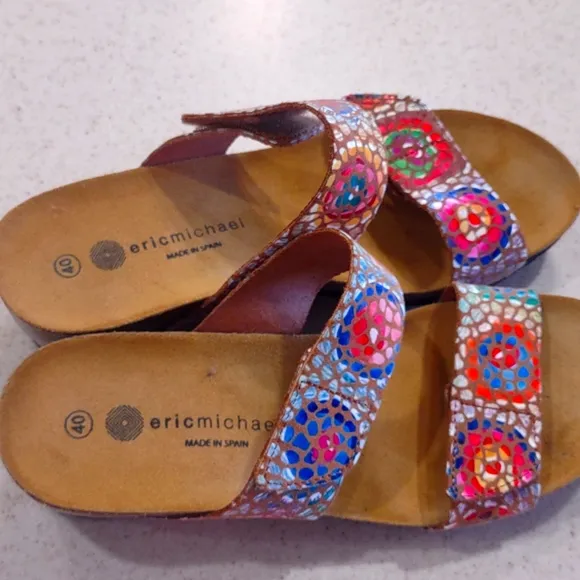 Eric Michael Liat Tan Mosaic Leather Wedge Dual Strap Slide Sandal Size 40/9 EUC