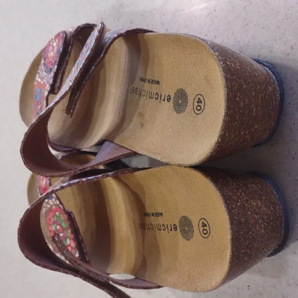 Eric Michael Liat Tan Mosaic Leather Wedge Dual Strap Slide Sandal Size 40/9 EUC