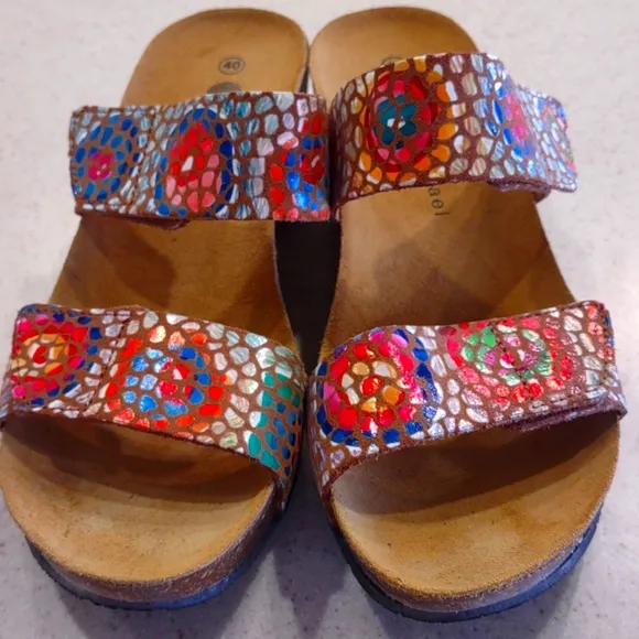 Eric Michael Liat Tan Mosaic Leather Wedge Dual Strap Slide Sandal Size 40/9 EUC