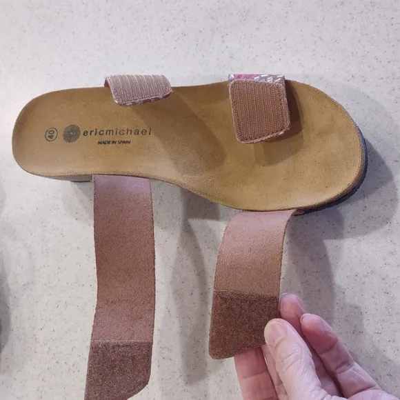 Eric Michael Liat Tan Mosaic Leather Wedge Dual Strap Slide Sandal Size 40/9 EUC