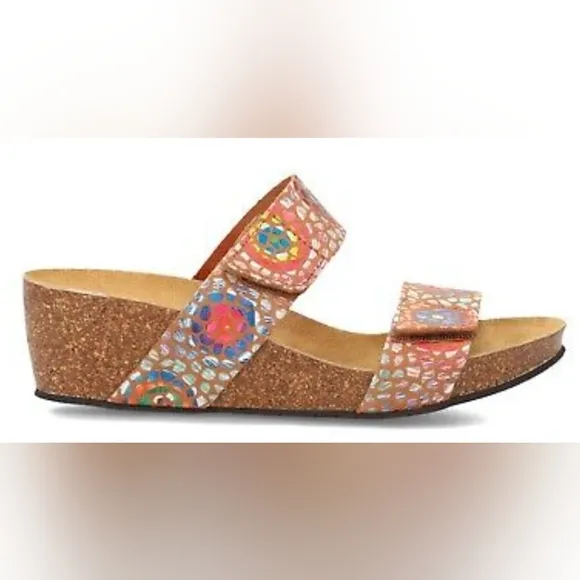 Eric Michael Liat Tan Mosaic Leather Wedge Dual Strap Slide Sandal Size 40/9 EUC
