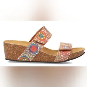 Eric Michael Liat Tan Mosaic Leather Wedge Dual Strap Slide Sandal Size 40/9 EUC