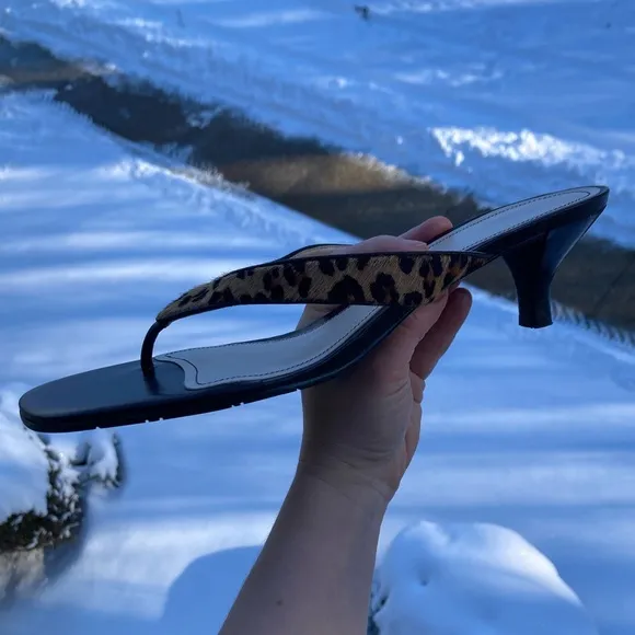 Etienne Aigner Leopard Print Calf Hair Brown Leather Kitten Heel Sandals