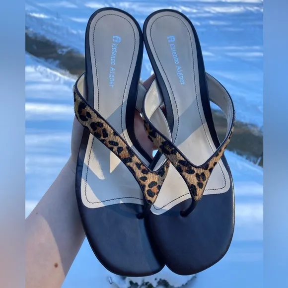 Etienne Aigner Leopard Print Calf Hair Brown Leather Kitten Heel Sandals