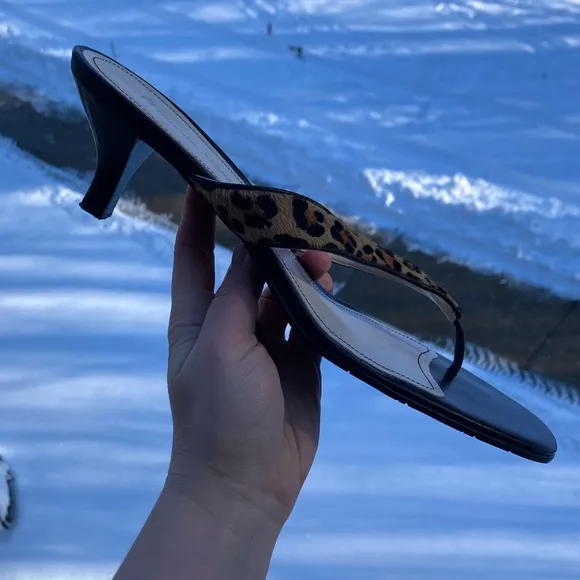 Etienne Aigner Leopard Print Calf Hair Brown Leather Kitten Heel Sandals