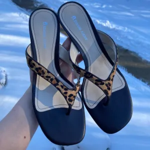 Etienne Aigner Leopard Print Calf Hair Brown Leather Kitten Heel Sandals