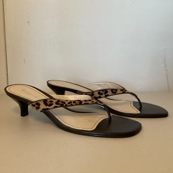 Etienne Aigner Leopard Print Calf Hair Brown Leather Kitten Heel Sandals