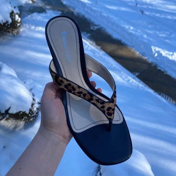 Etienne Aigner Leopard Print Calf Hair Brown Leather Kitten Heel Sandals