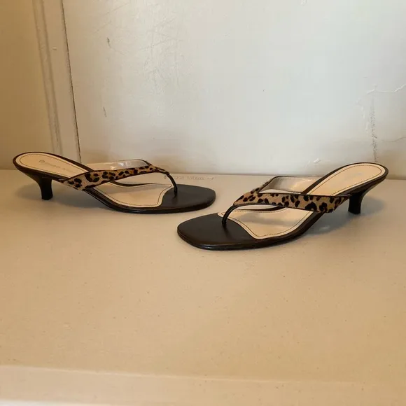 Etienne Aigner Leopard Print Calf Hair Brown Leather Kitten Heel Sandals