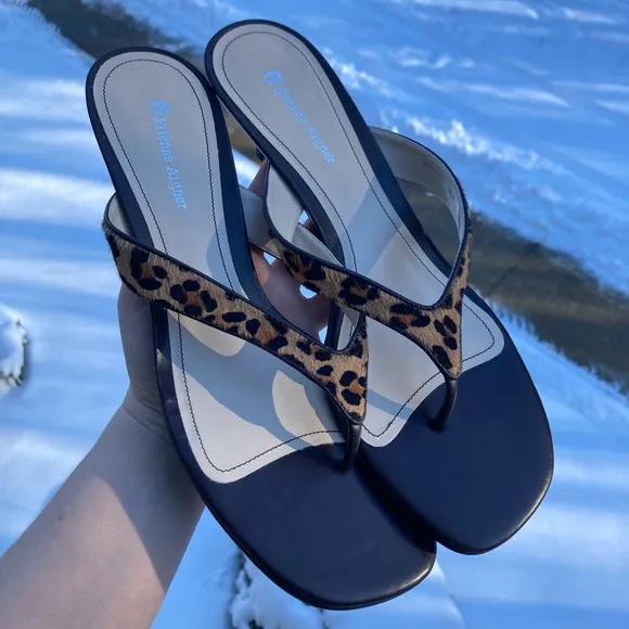 Etienne Aigner Leopard Print Calf Hair Brown Leather Kitten Heel Sandals