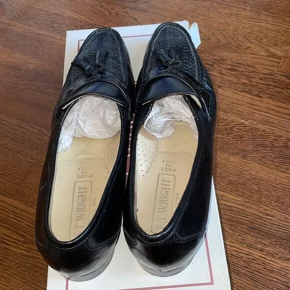 E.T. Wright Woven Vamp black leather slip on loafers with tassels
