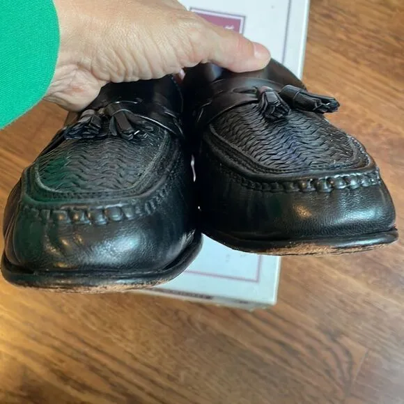 E.T. Wright Woven Vamp black leather slip on loafers with tassels