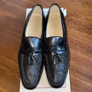 E.T. Wright Woven Vamp black leather slip on loafers with tassels