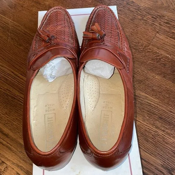 E.T. Wright Woven Vamp brown leather slip on loafers with tassels
