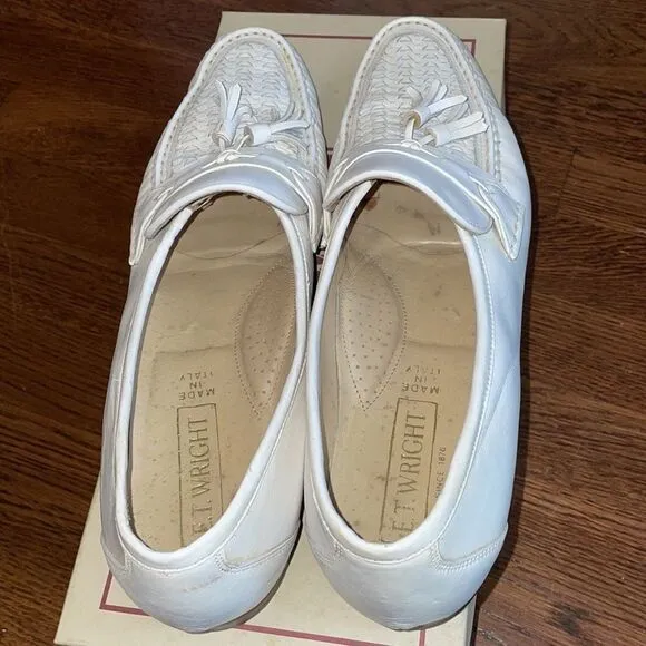 E.T. Wright Woven Vamp white leather slip on loafers with tassels