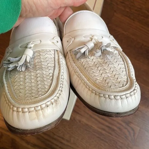 E.T. Wright Woven Vamp white leather slip on loafers with tassels