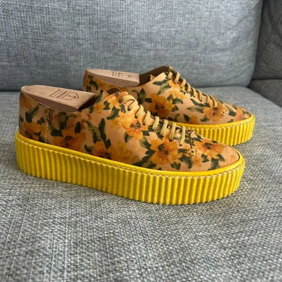 EUC PF16 Yellow Floral Platform Sneakers Size 6 Boho Grunge Creepers Chunky Sole