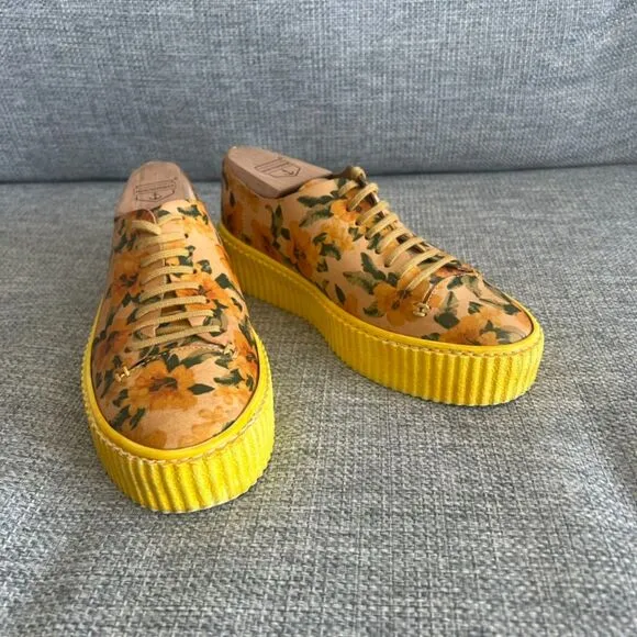 EUC PF16 Yellow Floral Platform Sneakers Size 6 Boho Grunge Creepers Chunky Sole