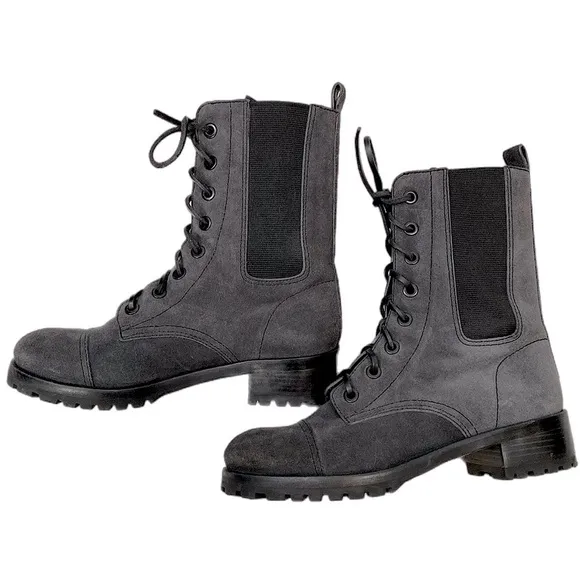 EUC Tory Burch Gray Broome Suede Leather Lace Up Combat Boots size 7.5