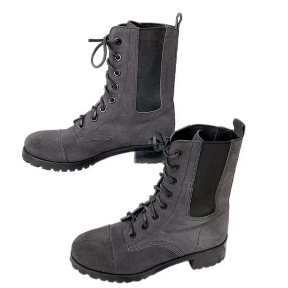 EUC Tory Burch Gray Broome Suede Leather Lace Up Combat Boots size 7.5