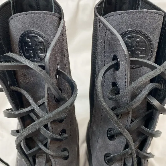 EUC Tory Burch Gray Broome Suede Leather Lace Up Combat Boots size 7.5