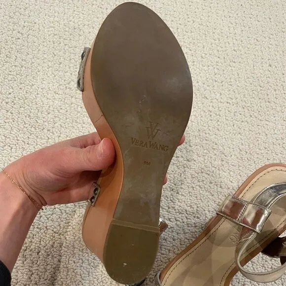 EUC Vera Wang Tan/Silver Leather Wedge Ankle Strap Sandals Size 9