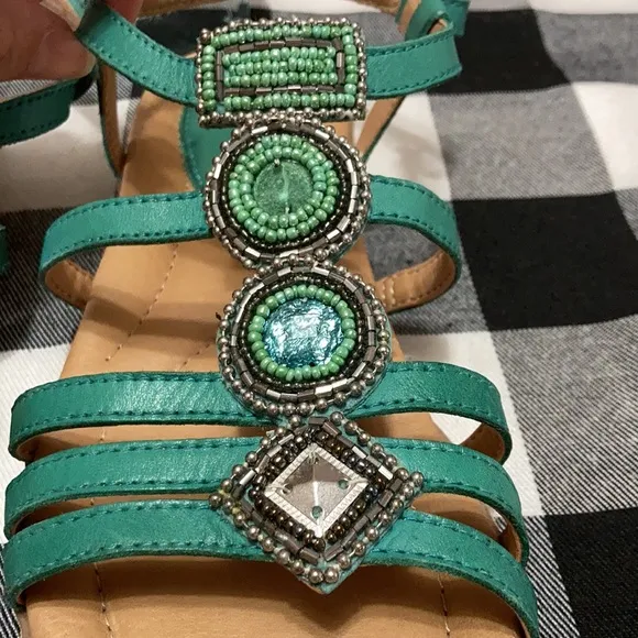 EXC! Earth Teal Green Embellished Sandals Leather Adjustable Cushioned Beads