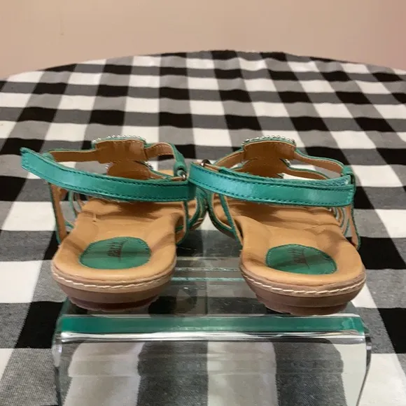 EXC! Earth Teal Green Embellished Sandals Leather Adjustable Cushioned Beads
