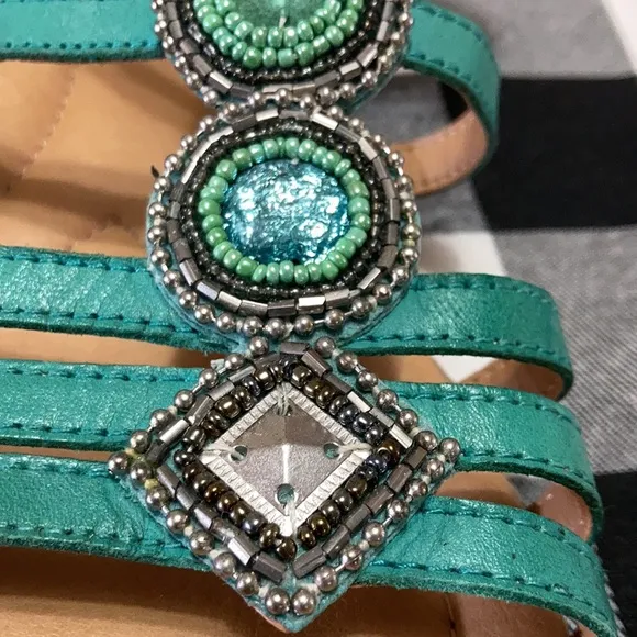 EXC! Earth Teal Green Embellished Sandals Leather Adjustable Cushioned Beads