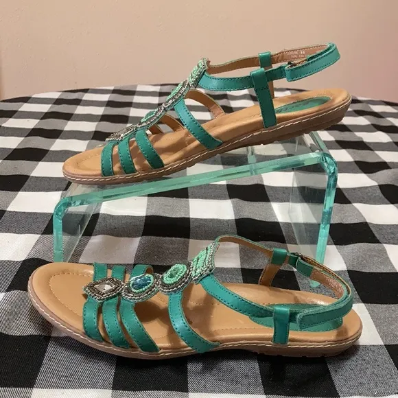 EXC! Earth Teal Green Embellished Sandals Leather Adjustable Cushioned Beads