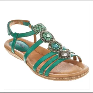 EXC! Earth Teal Green Embellished Sandals Leather Adjustable Cushioned Beads
